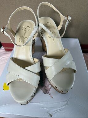 Jessica Simpson Ivory Crisscross Leather Wedge Sandals with Studded Trim